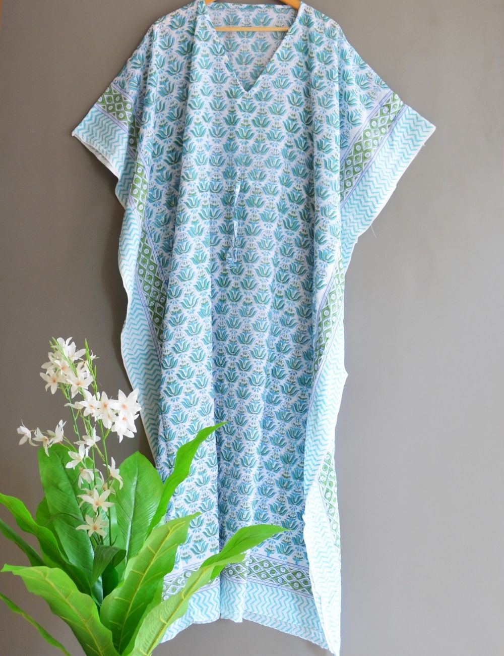 Block Printed Indian Cotton Summer Beach Bikini Cover Long Kaftan