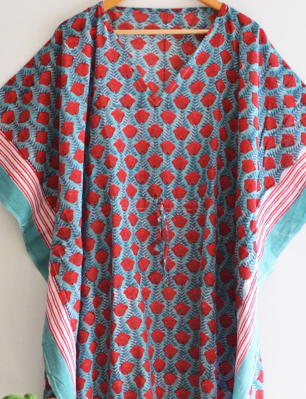 Red Floral Print Boho Beach Cover Up Night Cotton Maxi Gown
