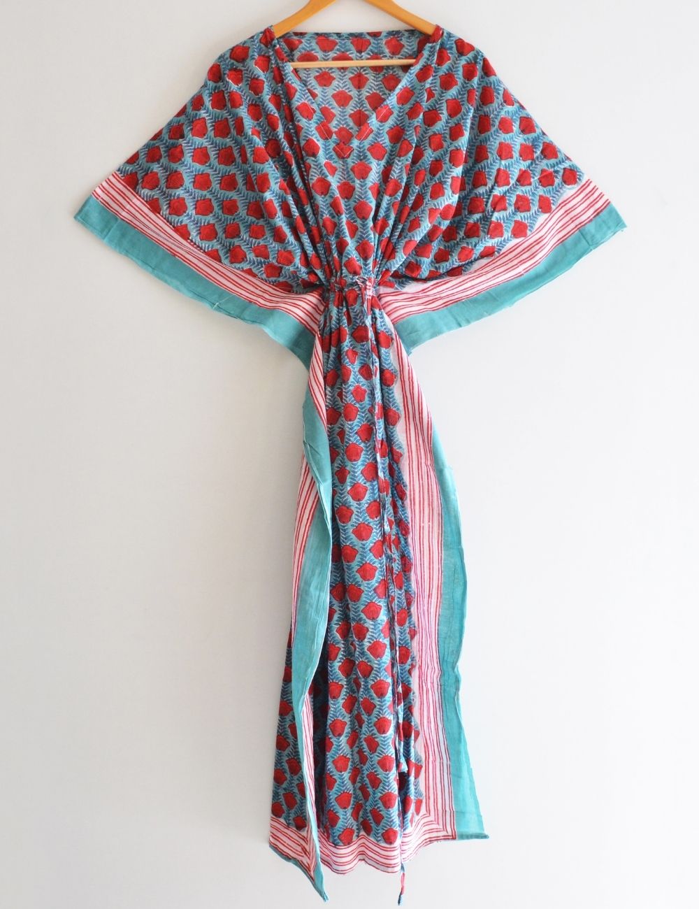 Red Floral Print Boho Beach Cover Up Night Cotton Maxi Gown