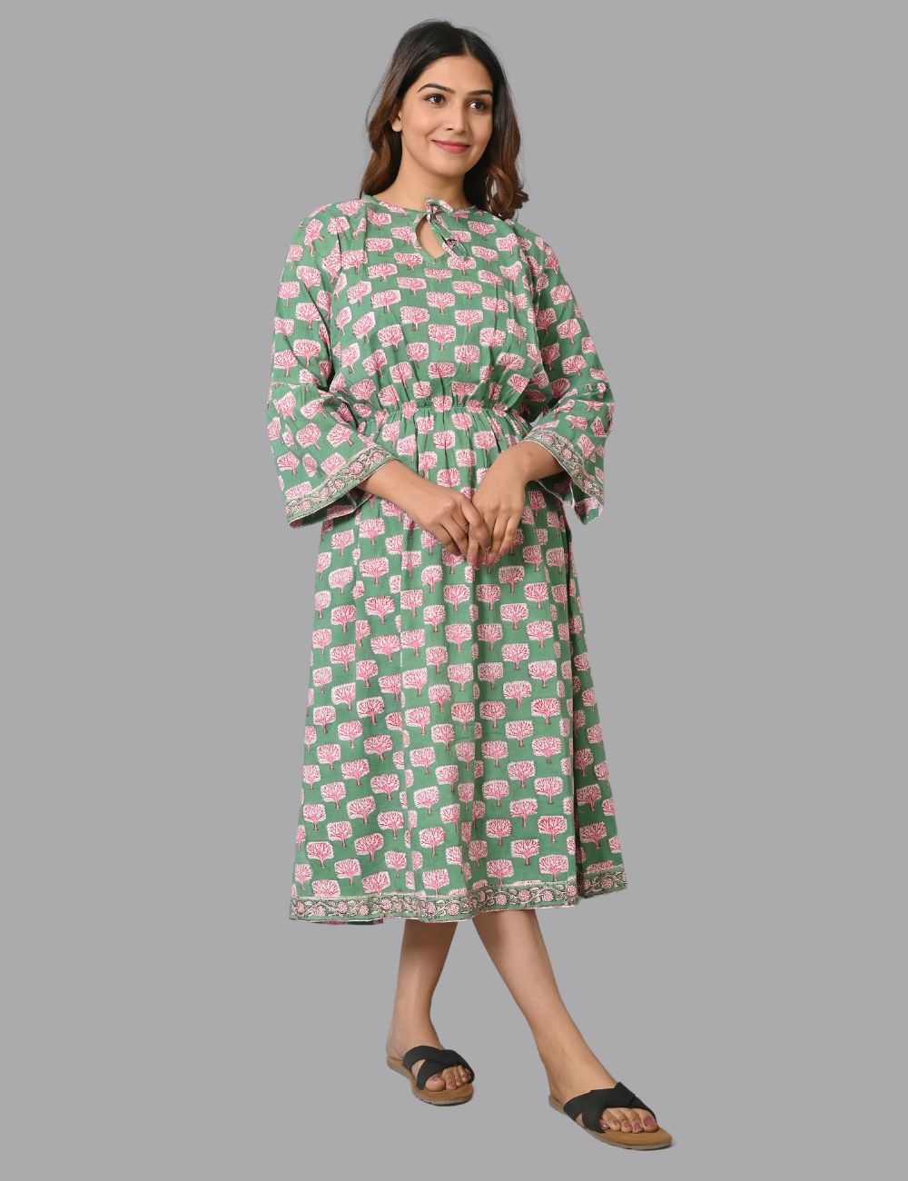 Womens Long Summer Tie Up Mom Dress Block Print Dress