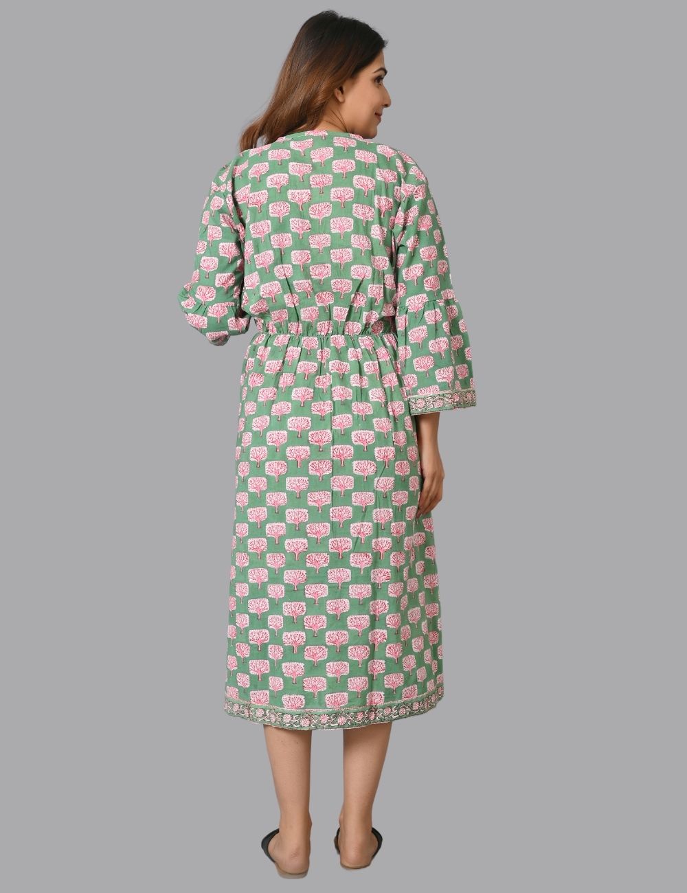 Womens Long Summer Tie Up Mom Dress Block Print Dress