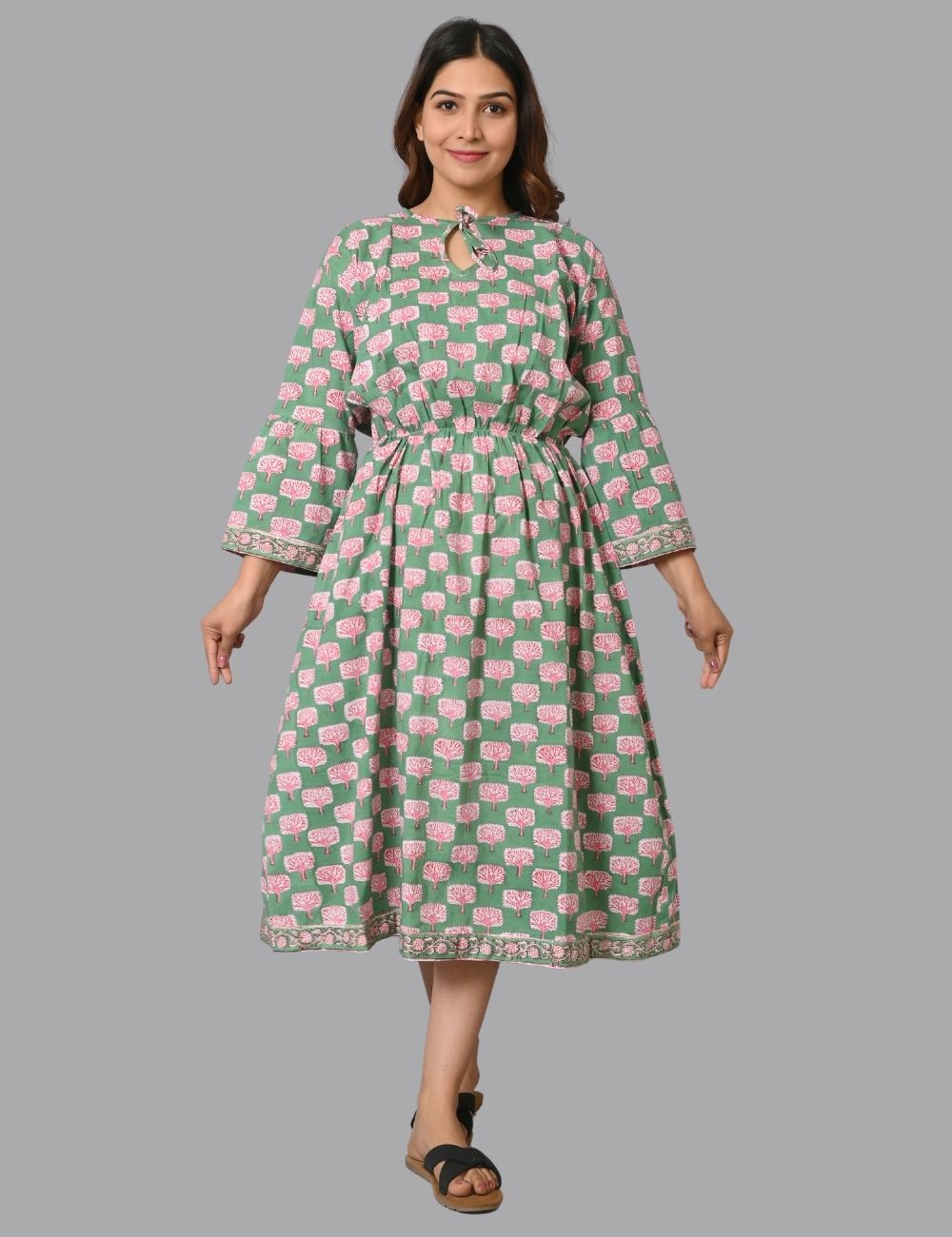 Womens Long Summer Tie Up Mom Dress Block Print Dress