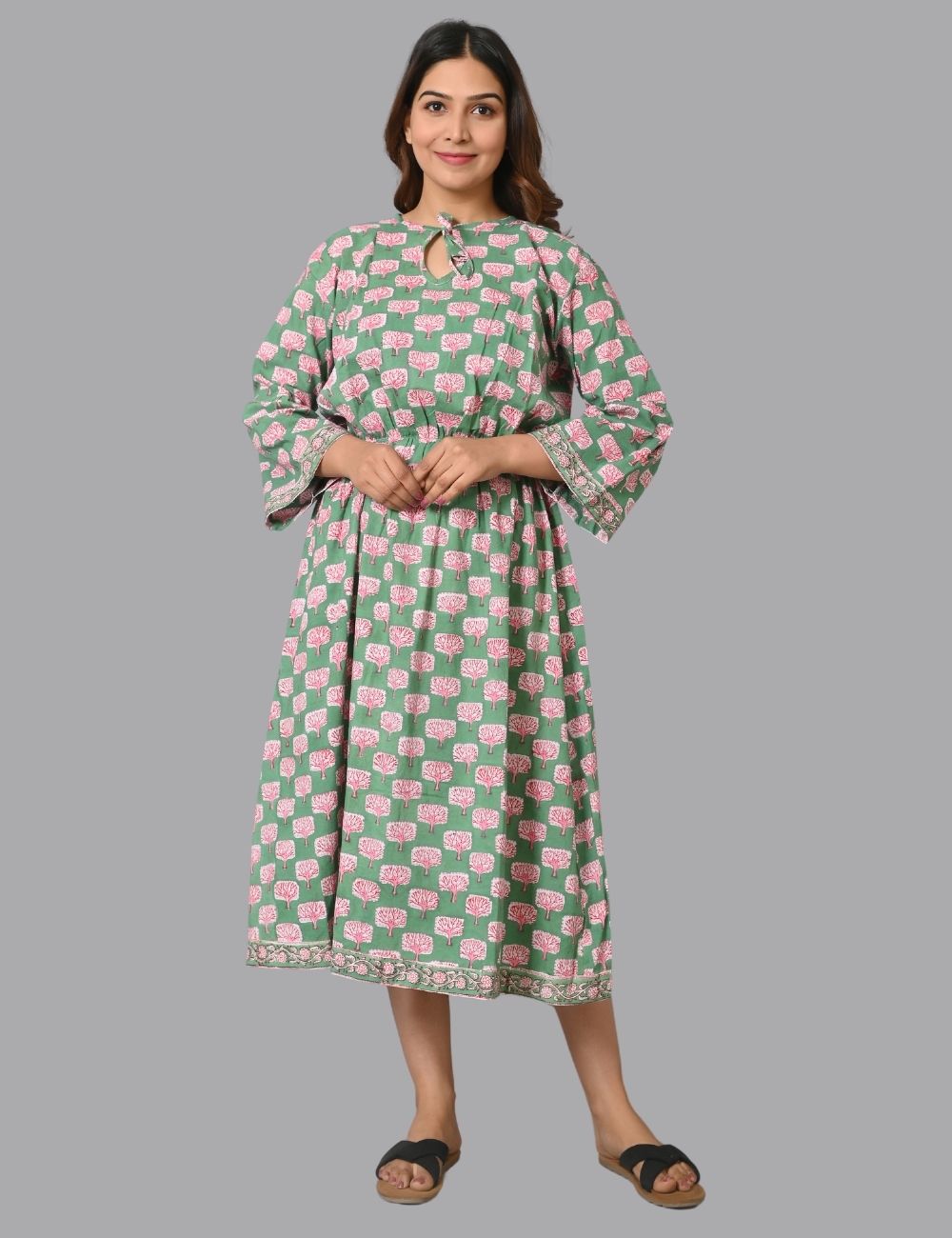 Womens Long Summer Tie Up Mom Dress Block Print Dress