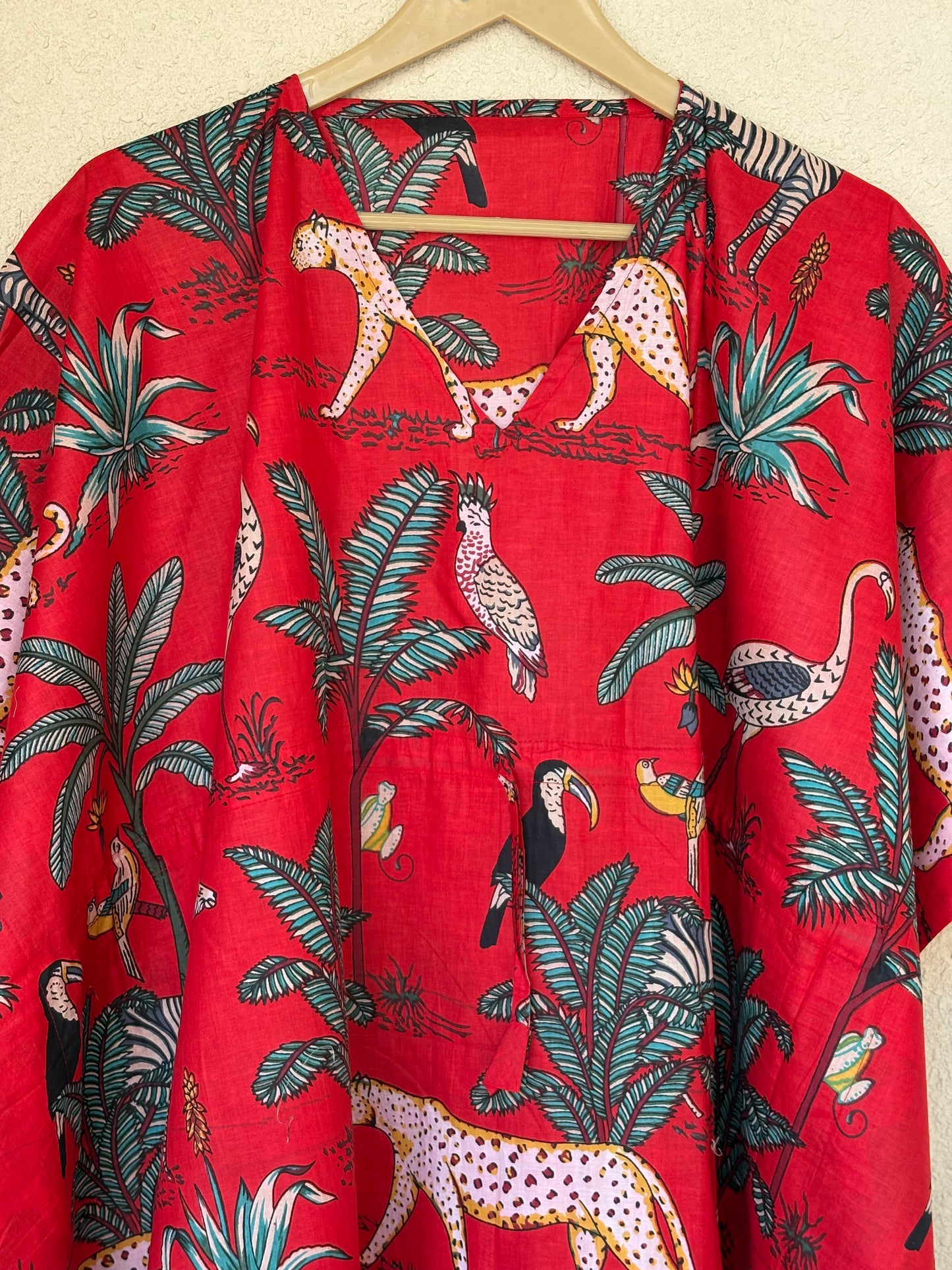 Red Jungle Cotton Kaftan Indian Handmade Block Print Christmas Dress Party Wear Beautiful Gown