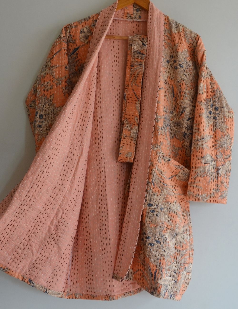 Screen Print Cotton Kantha Quilt Open Coat Short Jacket