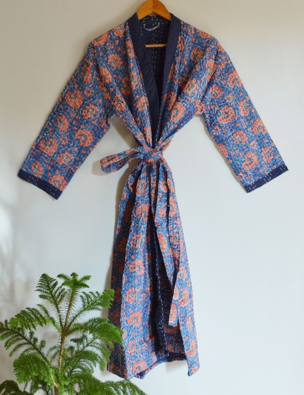 Floral Print Hand Block Cotton Kantha Quilt Kimono