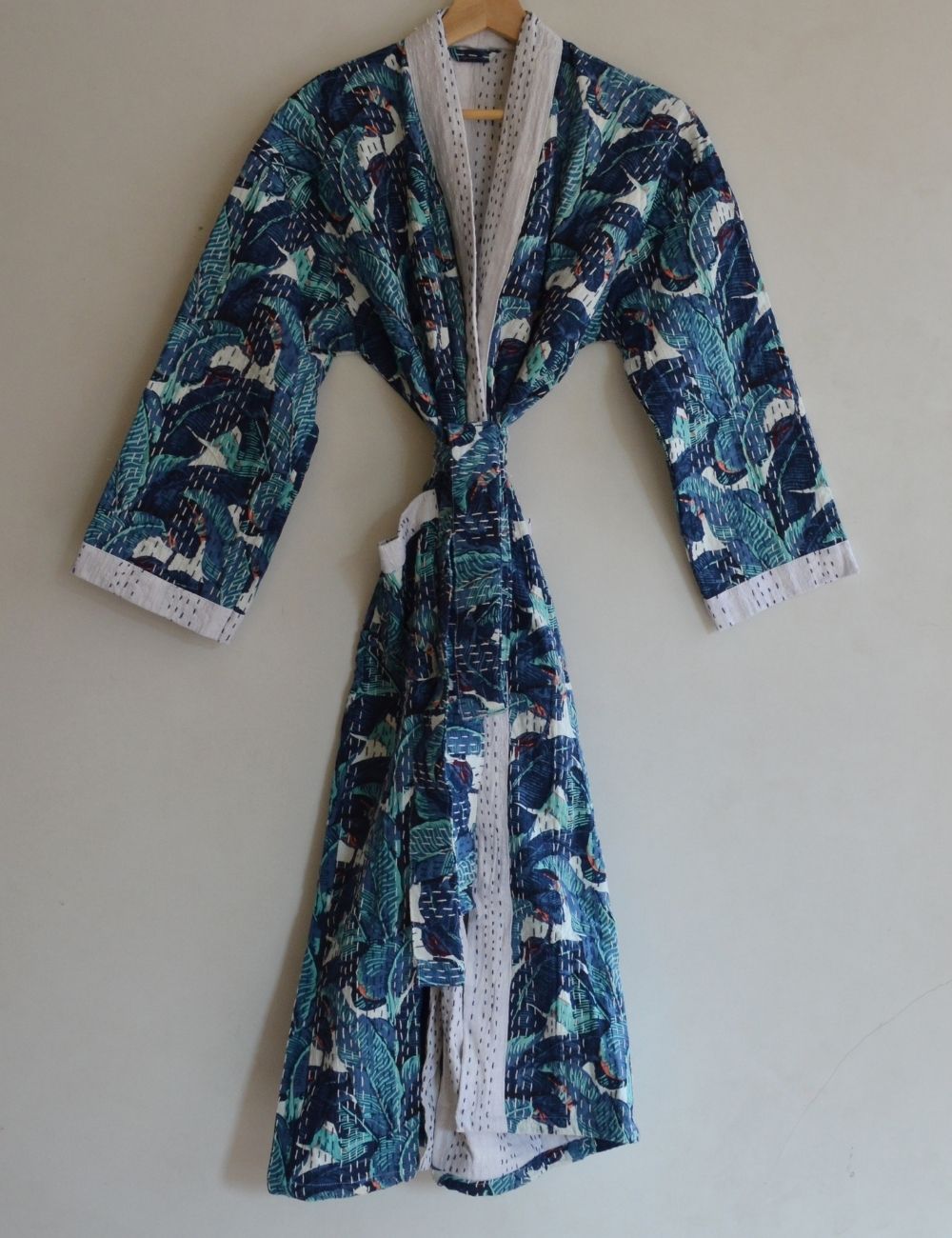 Blue Leaf Print Luxury Quilted Night Wear Robe