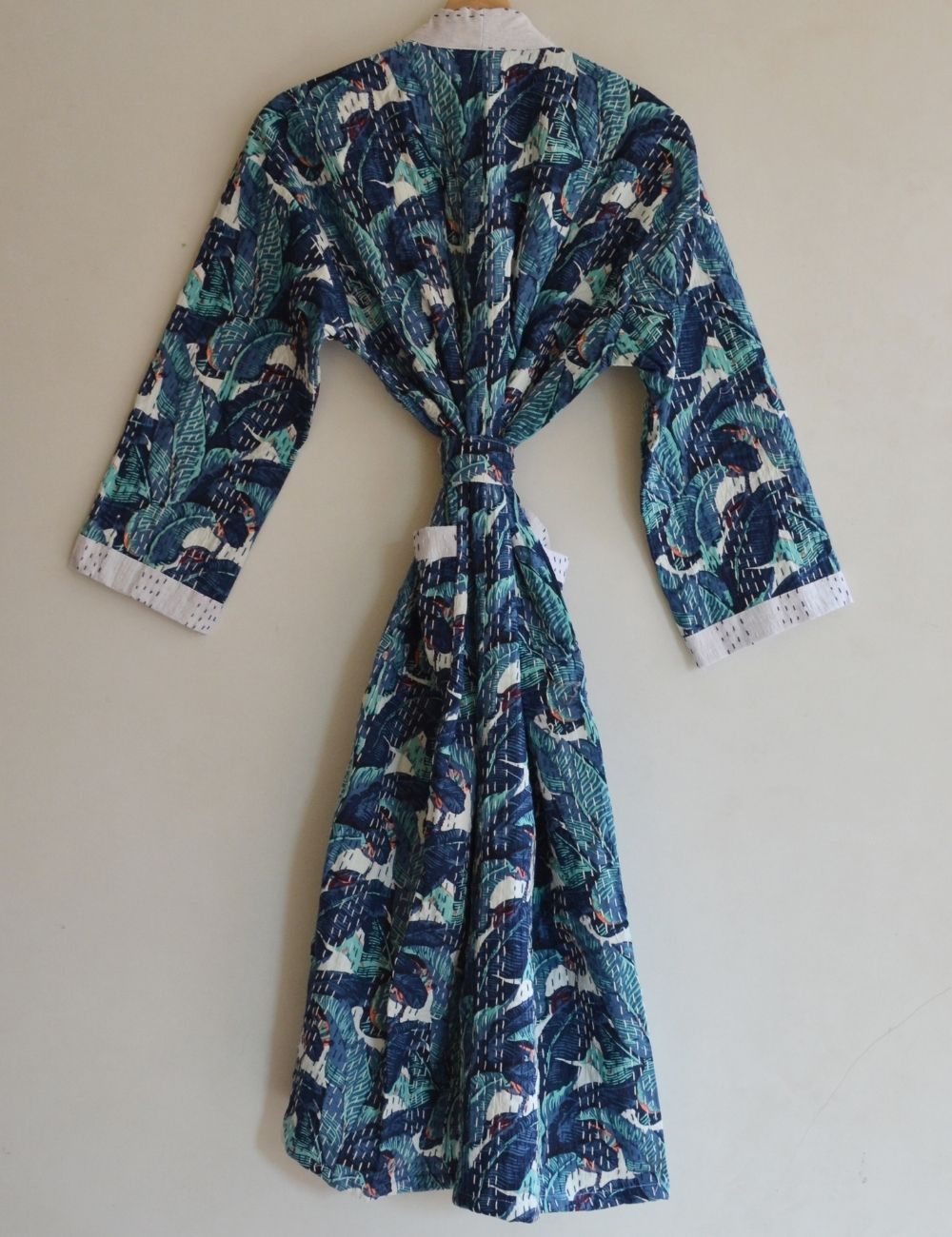 Blue Leaf Print Luxury Quilted Night Wear Robe