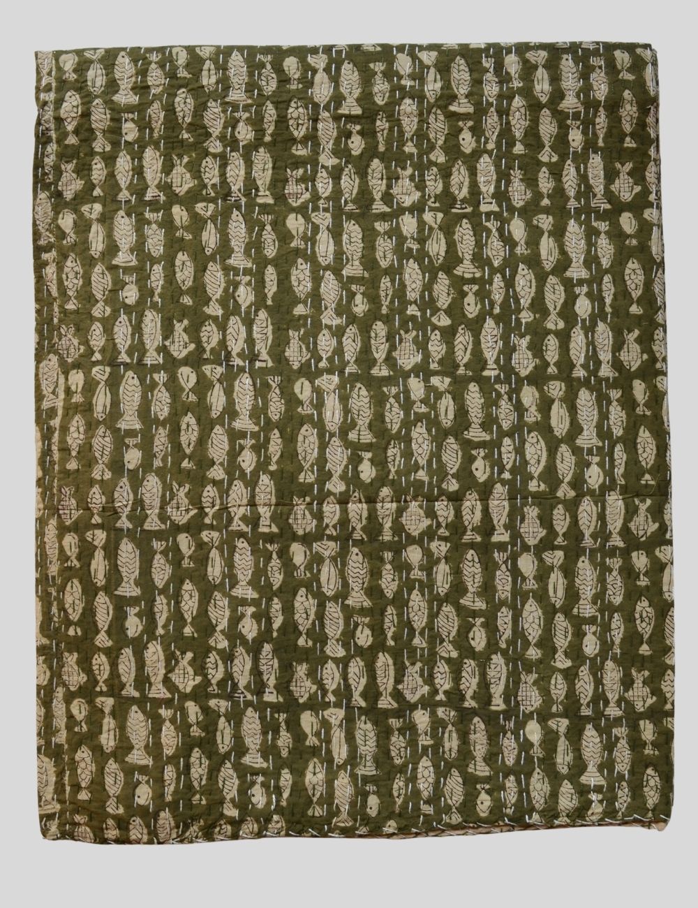 Fish Print Block Print Cotton Kantha Quilt Soft Coverlet Bedspreads
