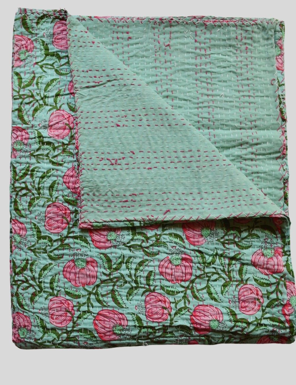 Vintage Kantha Quilt Indian Handmade Boho Soft Cozy Blanket