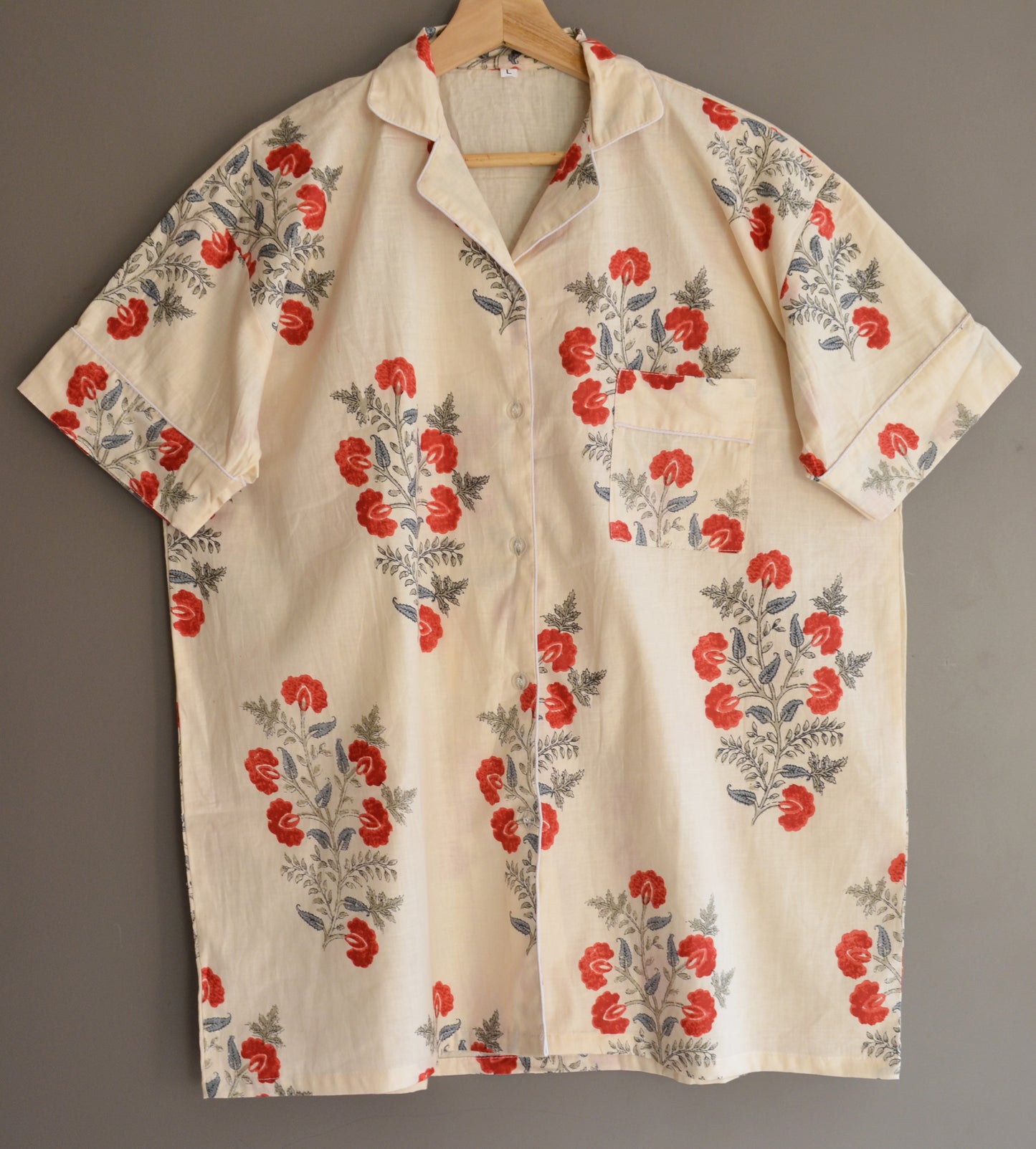 Short Sleeves Indian Handmade Floral Print Cotton Night Dress Summer Boho Pj Sets