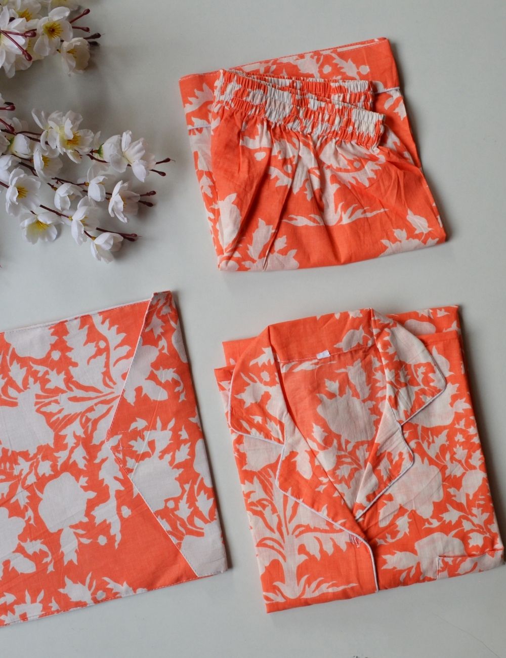Hand Print Sleepwear Floral Print Cotton Pajamas Sets