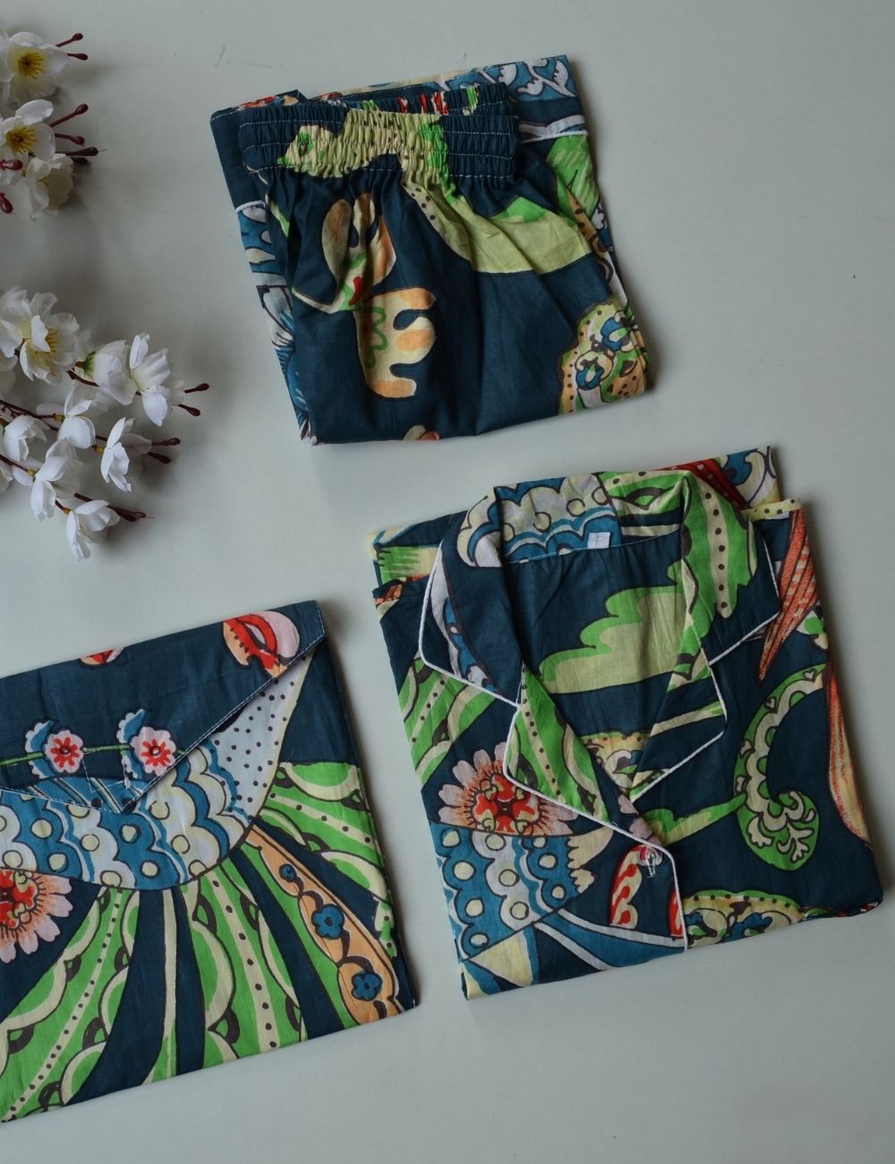 Bird Print Women Indian Cotton 100% Pyjamas Set