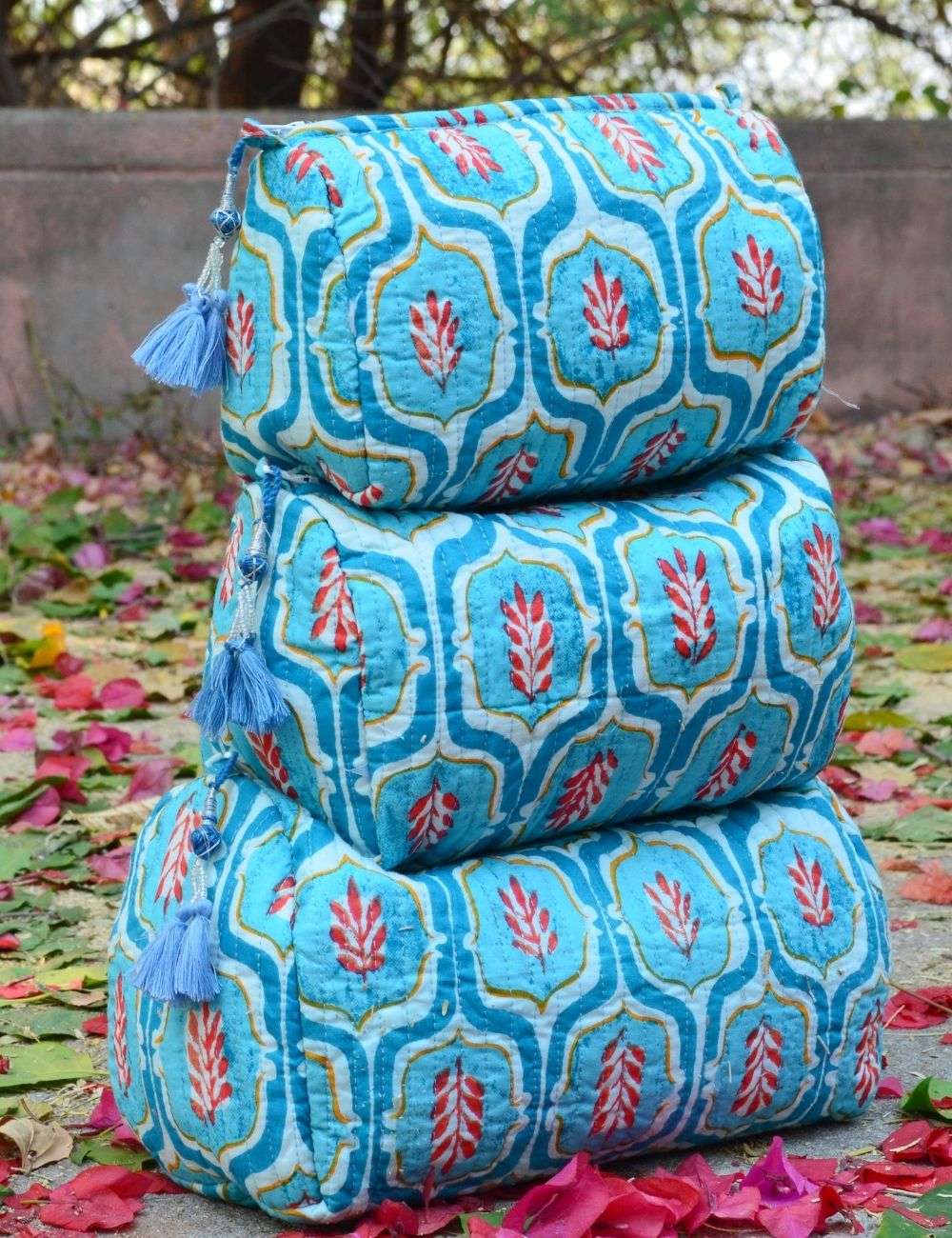 Block Print Toiletry Bag Set of 3 Indian Block Print Cotton Cosmetic Bag