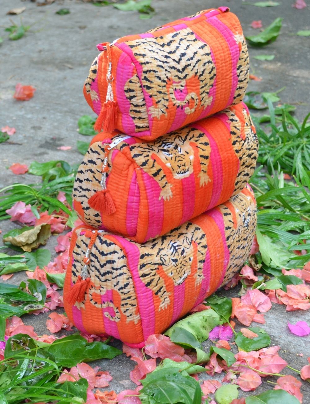 Indian Cotton Tiger Block Print Toiletry Bag Vintage Makeup & Travel Bag Quilted Wash Bag