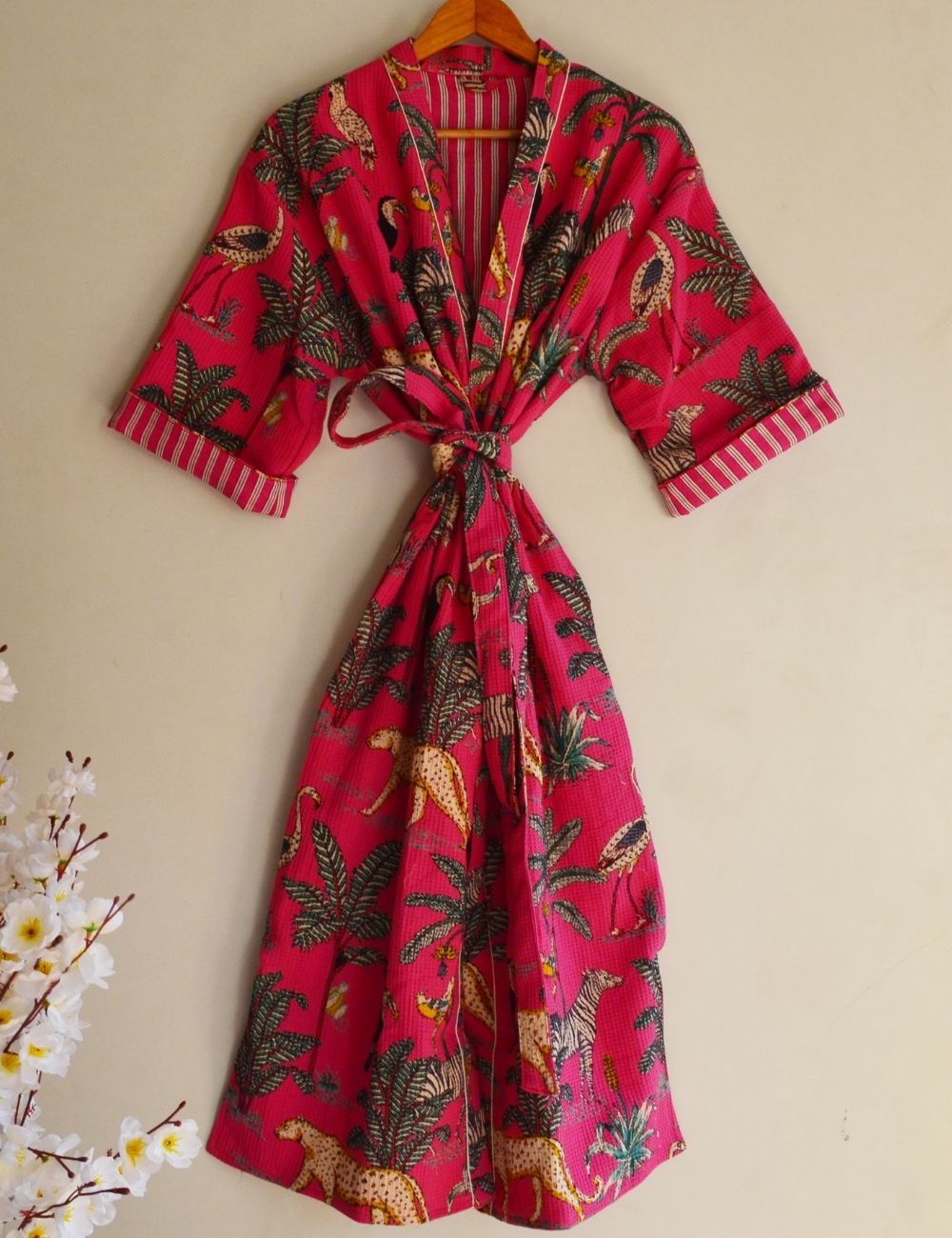 Pure Waffle Cotton Handprinted House Bath Robe Winter Kimono