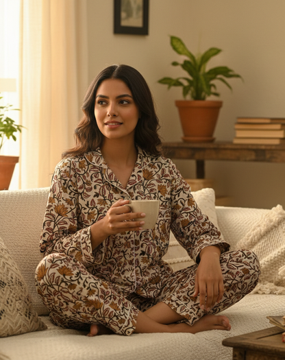 Bohemian Sleepwear Indian Hand Printed Cotton Women's Wear Pj Set For All Season Mid-Night Comforter