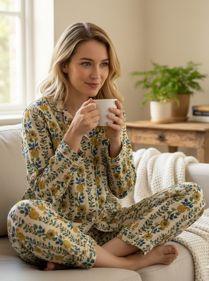 Hand Block Cotton Women's Pajama Set | Floral Print Light Weight Night Dress | Causasl Wear House Pjs