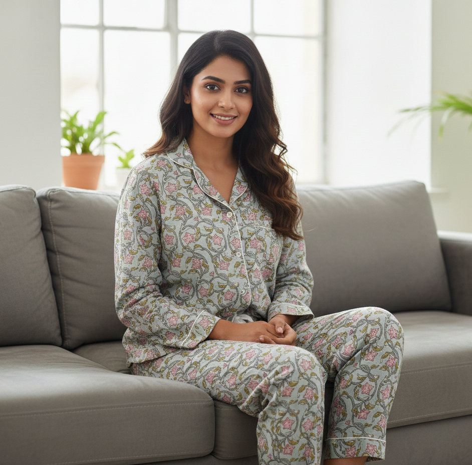 Hand Block Indian Light Weight Cotton Night Dress For Bridesmaid Night Party Pajamas Set