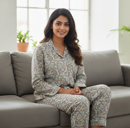 Hand Block Indian Light Weight Cotton Night Dress For Bridesmaid Night Party Pajamas Set