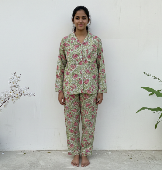Handmade Cotton Pajama Set: Hand Block Print Boho Loungewear With Pouch Pjs
