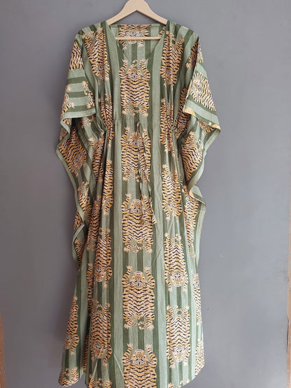 Tiger Print Indian Hand Block Cotton Bohemian Summer Resort Wear Kaftan For Women's