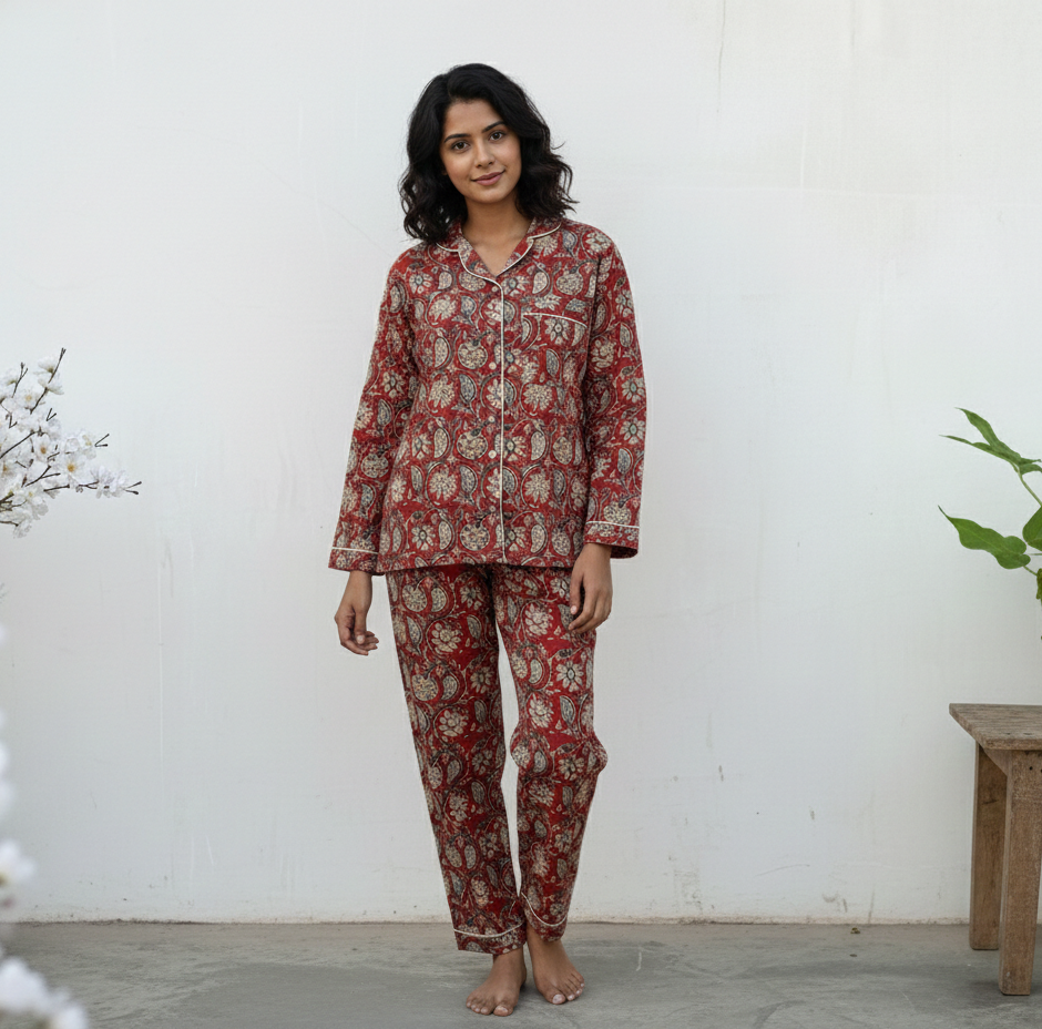 Indian Handmade Bagru Paisley Print Cotton Women Pajama Set Light Weight Breathable Sleepwear Comfoter