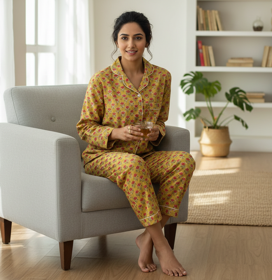 Handmade Cotton Pajama Set: Block Print Boho Loungewear With Pouch Set Full Night Dress For Summer