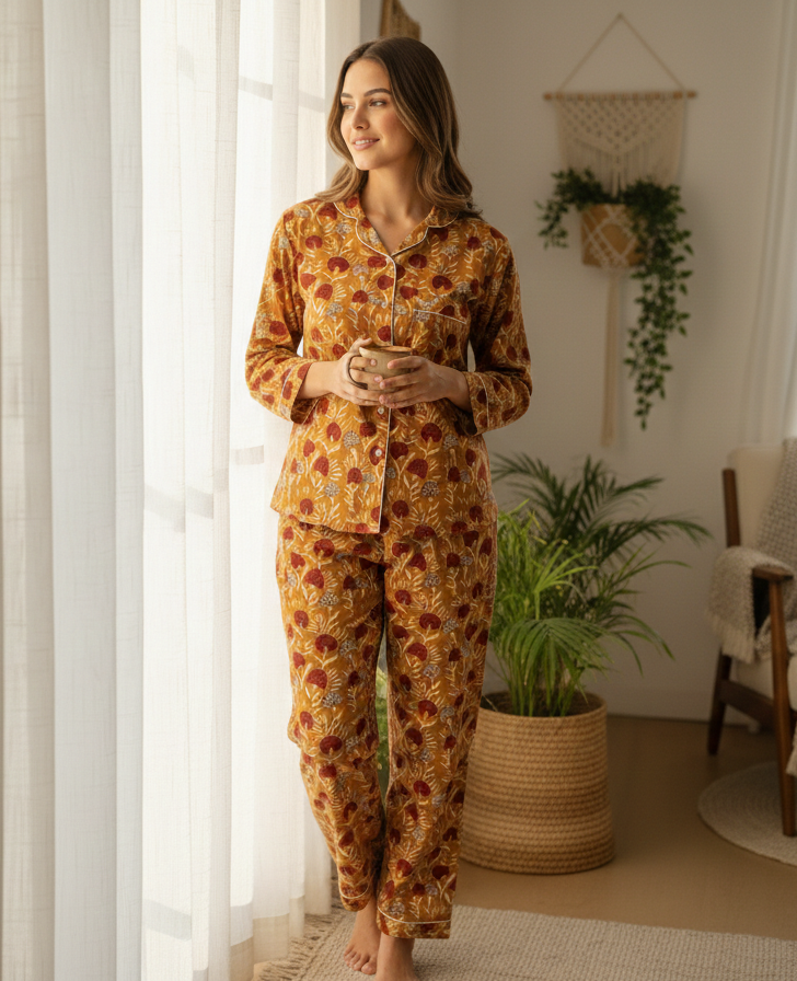 Mustard With Red Floral Bagru Hand Block Cotton Fabric | Bridesmaid Night Party Pajamas | Summer Mid-Night Royal Comforter