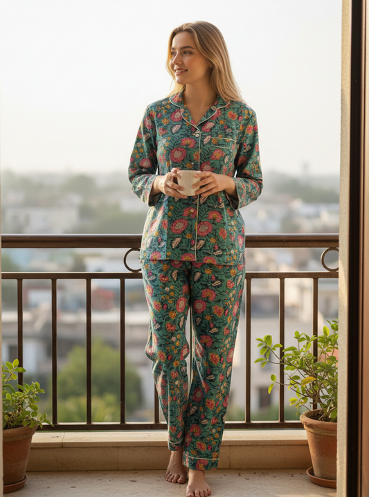 Multicolor Floral Print Cotton Pajama Set for Women | Hand Block Print Night Suit | Eco-Friendly Loungewear | Handmade Sleepwear Gift for Her