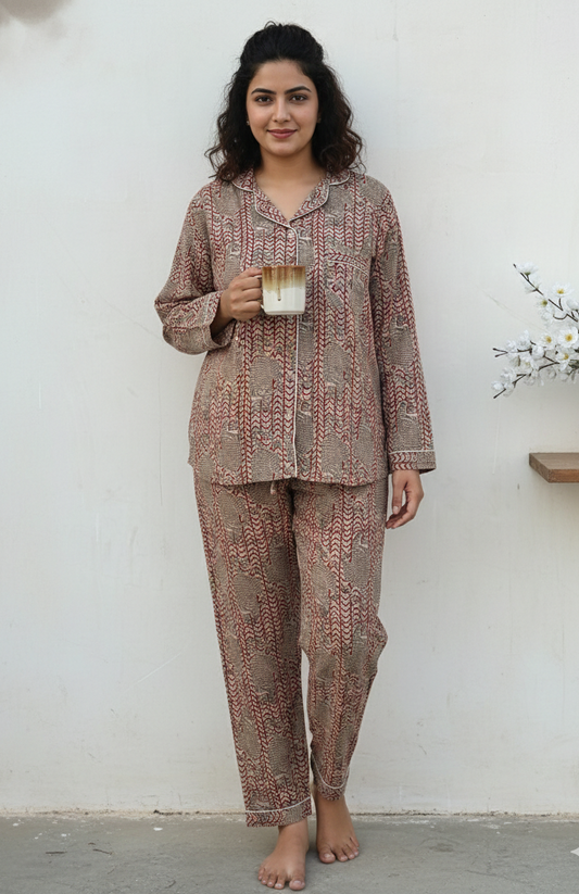 Long Sleeves Indian Hand Printed Bagru Cotton Night Dress : Summer Boho Women Sleepwear Comforter