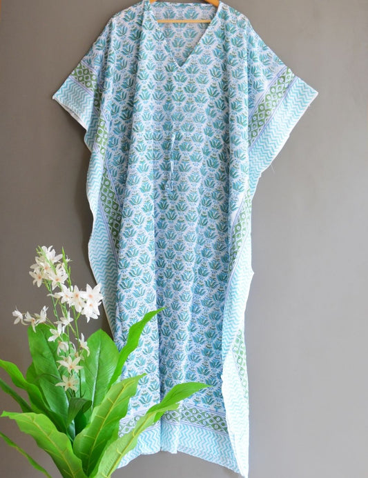 Block Printed Indian Cotton Summer Beach Bikini Cover Long Kaftan
