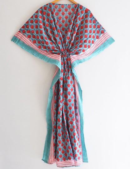 Red Floral Print Boho Beach Cover Up Night Cotton Maxi Gown