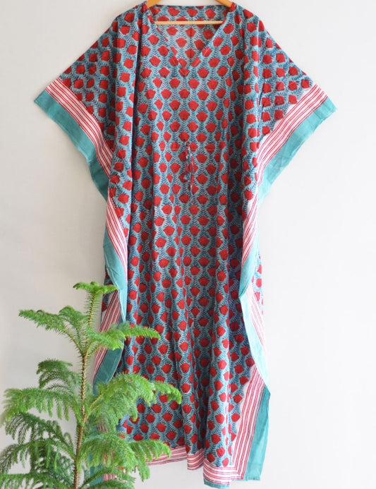 Red Floral Print Boho Beach Cover Up Night Cotton Maxi Gown