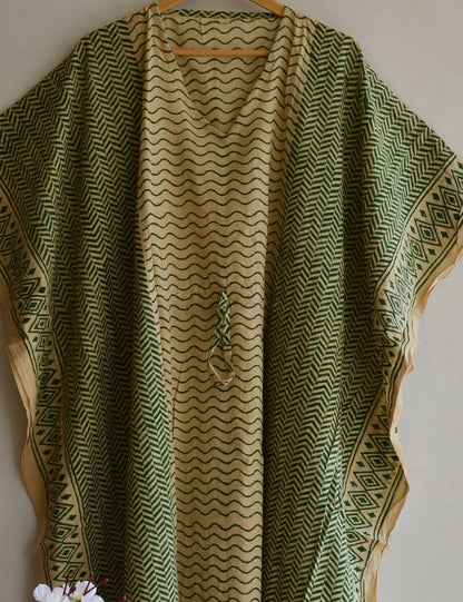 Green Striped Print Bagru Print Cotton Beach Swim Wear Caftan