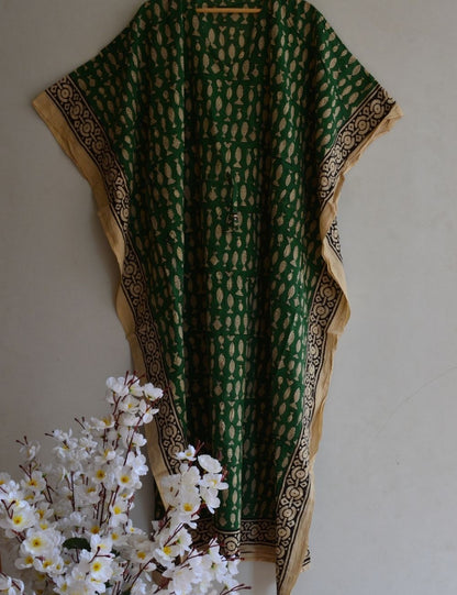 Green Fish Hand Printed Cotton Maternity Dress For Women