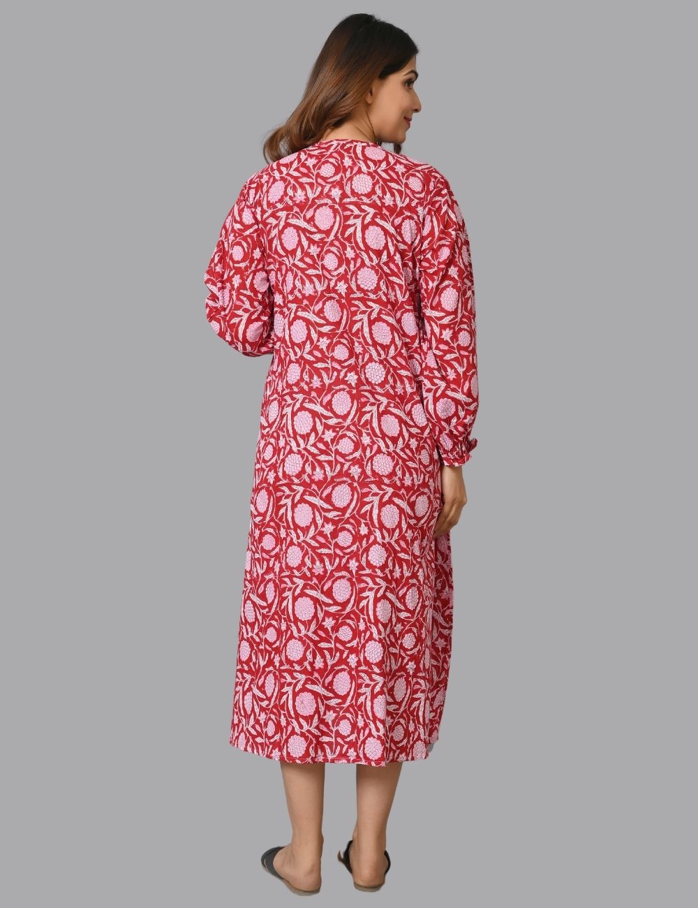 Chritmas Red Floral Printed Cotton Dress