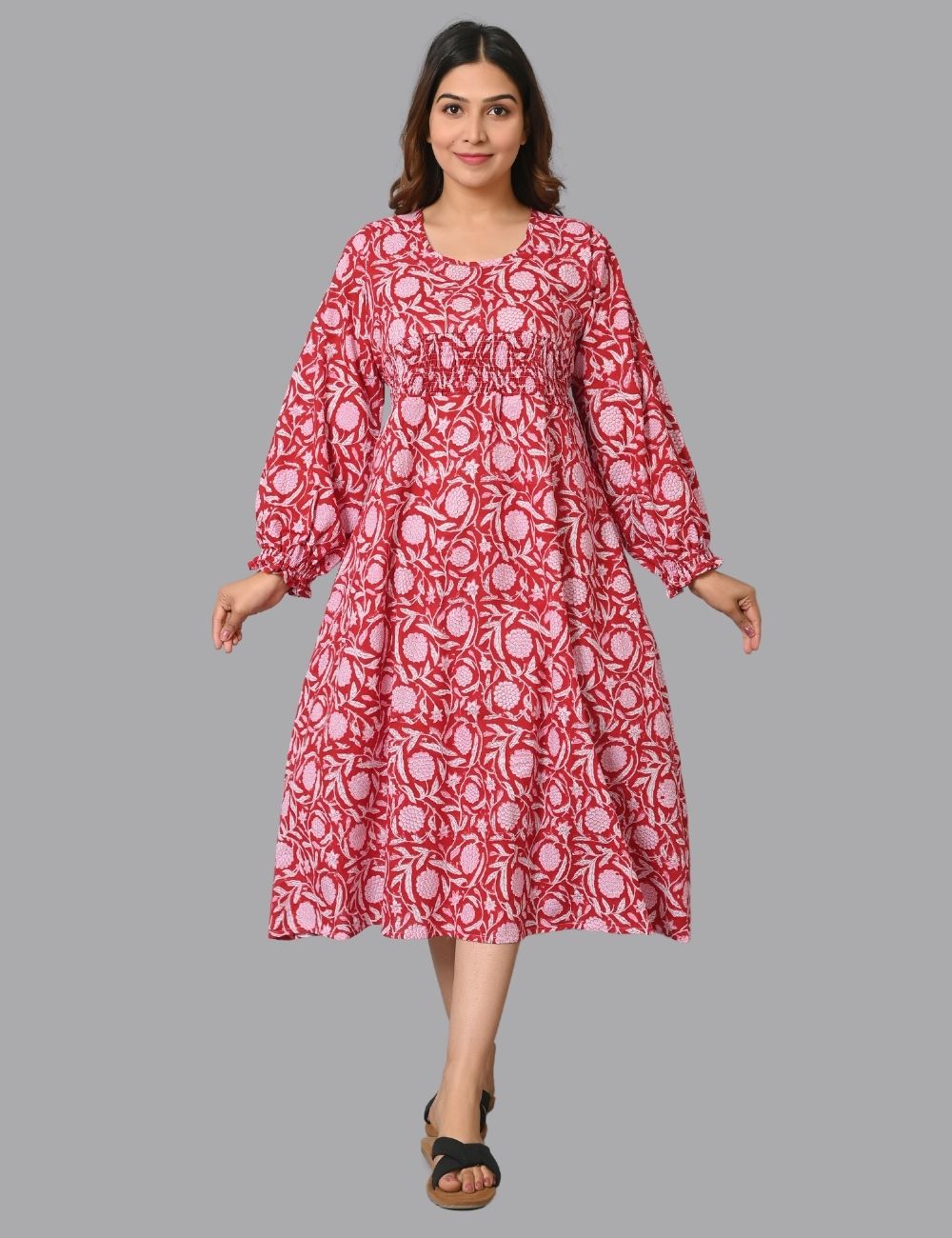 Chritmas Red Floral Printed Cotton Dress