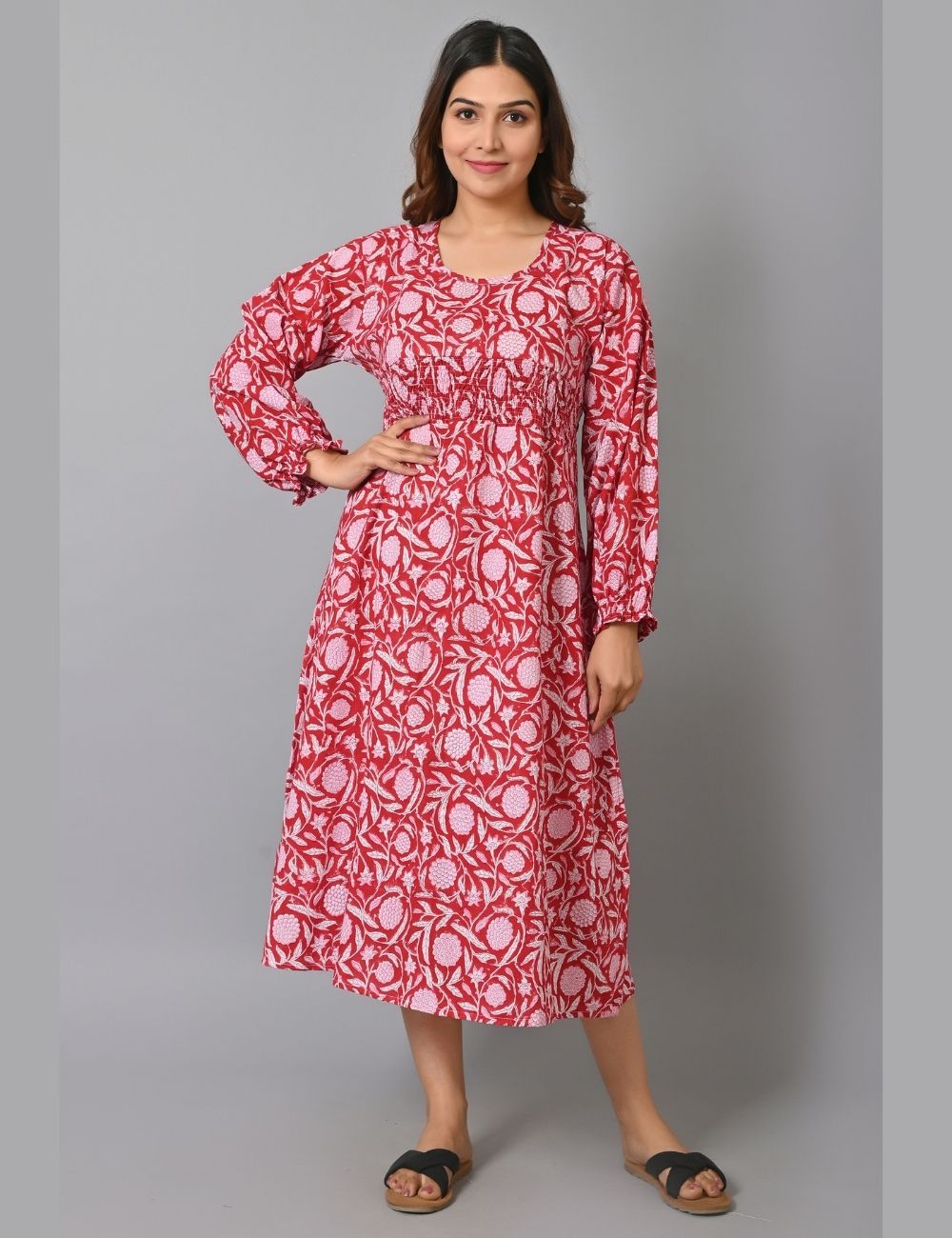 Chritmas Red Floral Printed Cotton Dress