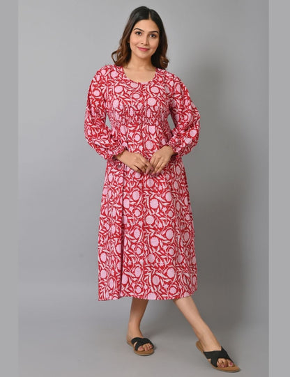 Chritmas Red Floral Printed Cotton Dress