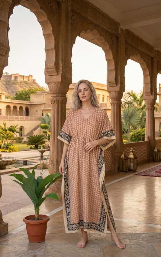 Hand Block Bagru Printed Cotton Kaftan For Women Party Wear Dress Bridesmaid Night Gown