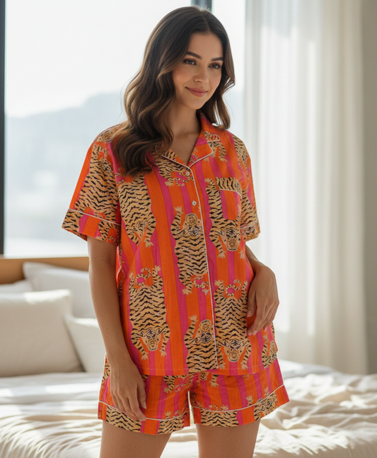Block Animal Print Short Cotton Pajamas Set : Light Weight Boho Summer Casual Women Pjs
