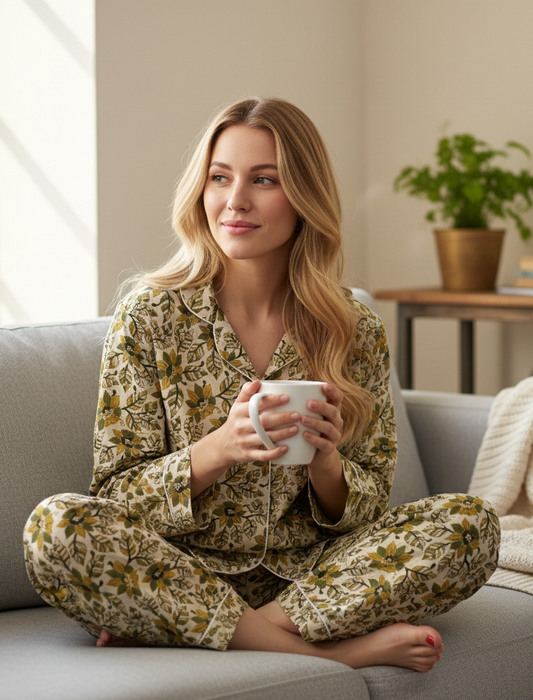 Hand Block Bagru Print Cotton Pajama Set | Summer Nightwear Pjs | Bohemian Sleepwear Women Loungewear With Pants| Bridesmaid Night Party Wear Dress