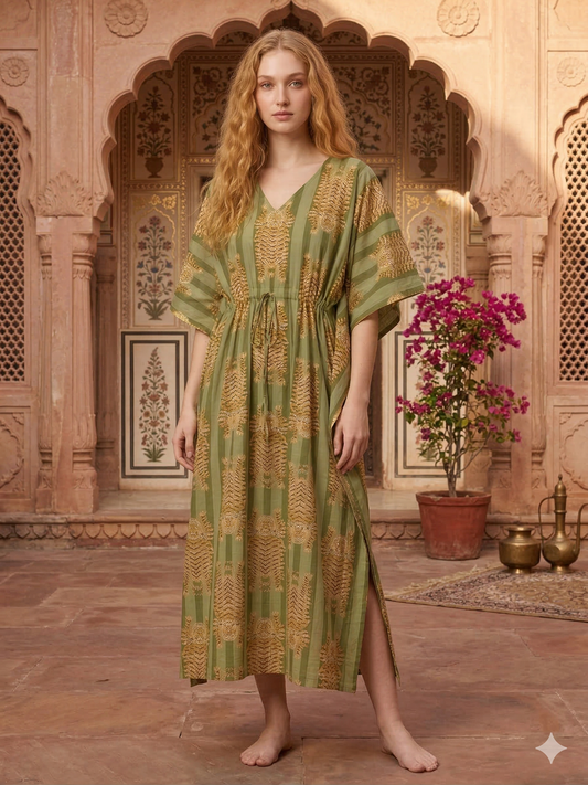 Tiger Print Indian Hand Block Cotton Bohemian Summer Resort Wear Kaftan For Women's