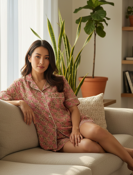 Hand Block Print Cotton PJ Set: Breathable Night Suit Sleepwear For Women's Night Suit