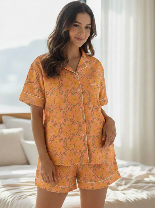 Bohemian Cotton Women Floral Print Night Dress For Bridal Night Party Bridesmaid Cotton Short Pajama  Set