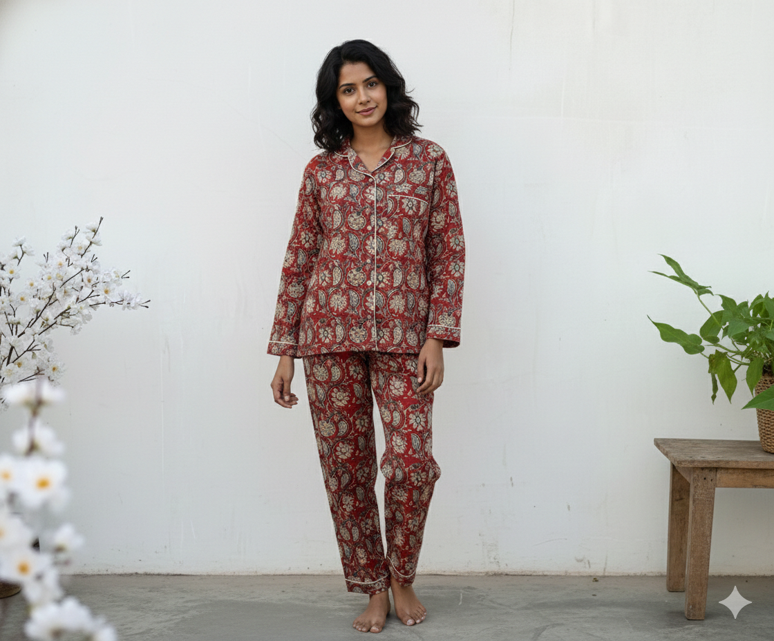 Indian Handmade Bagru Paisley Print Cotton Women Pajama Set Light Weight Breathable Sleepwear Comfoter