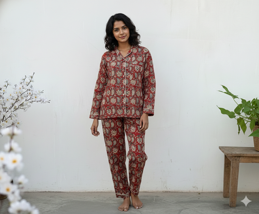 Indian Handmade Bagru Paisley Print Cotton Women Pajama Set Light Weight Breathable Sleepwear Comfoter