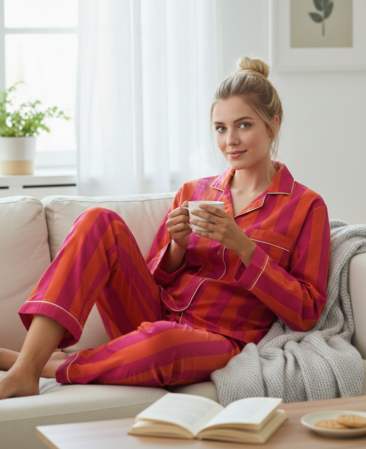 Striped Print Indian Soft Cozy Cotton Night Suit For Women's Summer Sundress Beautiful Pj Set