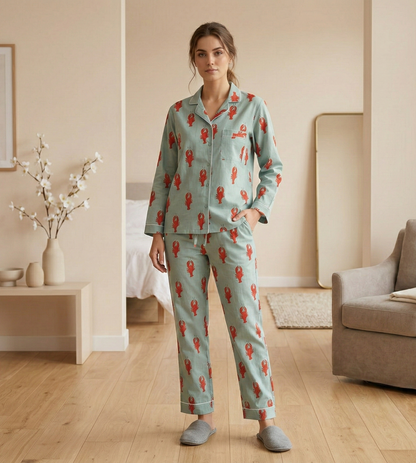 Soft Cotton Lobster Print Pajama Set Women’s Nightwear Lounge Set Beautiful Summer Casual Pjs